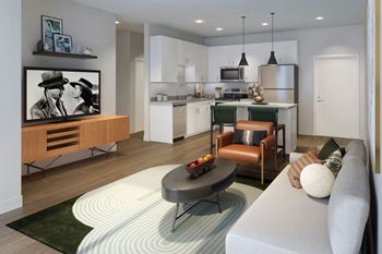 a living room and kitchen in an apartment